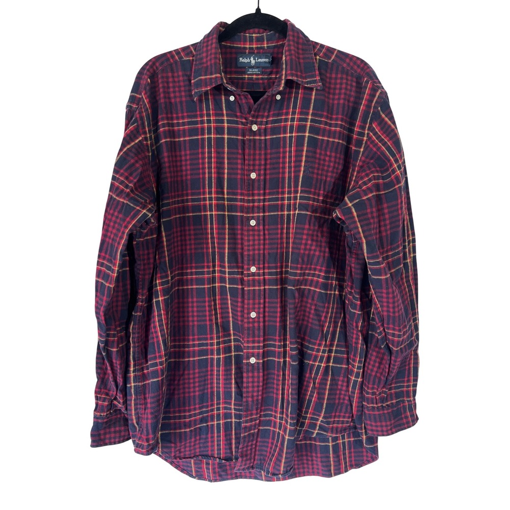 Ralph Lauren Blaire Mens Large Plaid Button Down Shirt Red Navy Cotton L